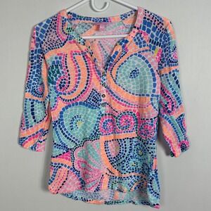 Lilly Pulitzer 100% Linen Henley Top Womens Size XS Tile Wave Print‎ Sirens Knit